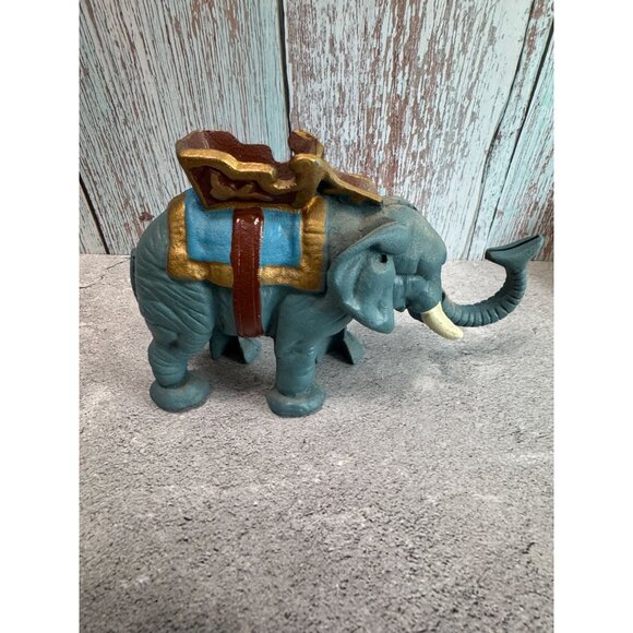 Midcentury Cast Iron Elephant Coin Bank 7" x 5" Blue & Gold Vintage Home Decor - Picture 7 of 7